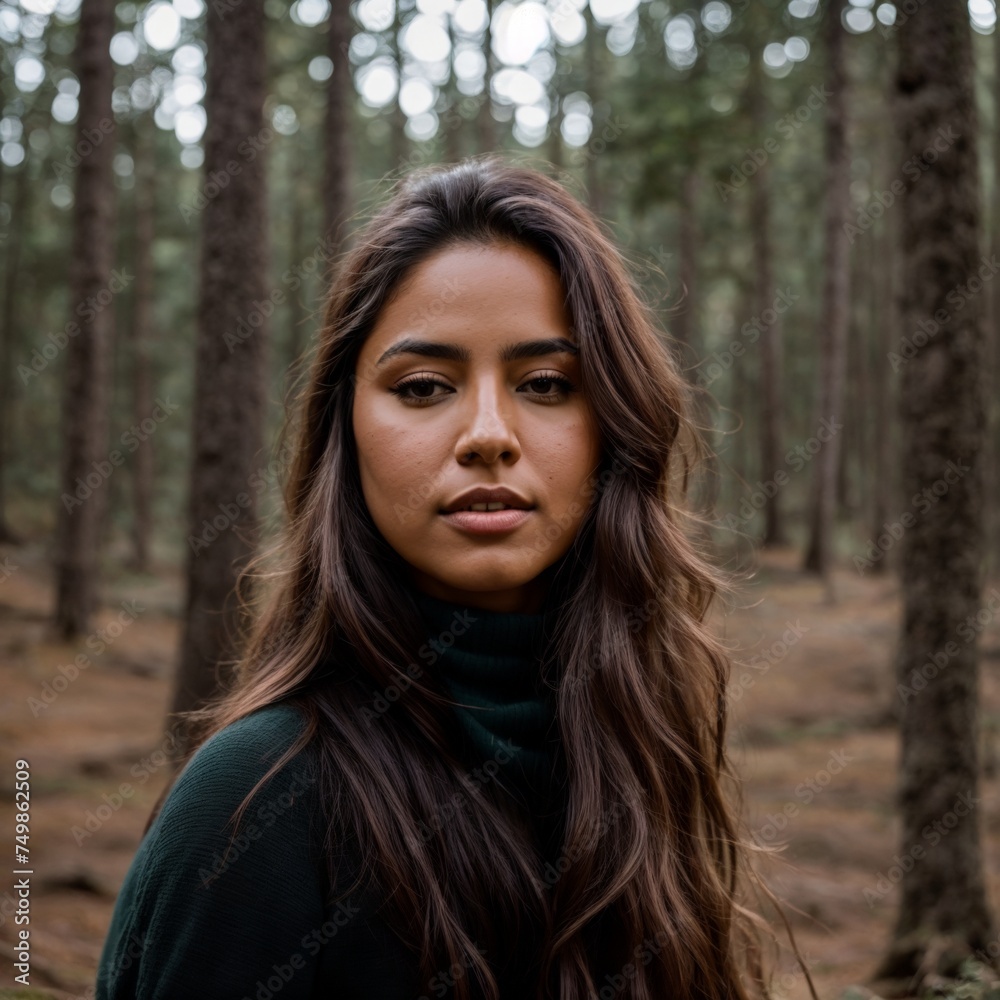 Tranquility captured as woman with flowing hair stands in forest Tranquility captured as woman with flowing hair stands in forest