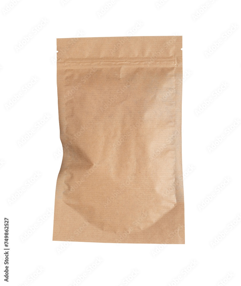 Ziplock pack isolated on white background. Kraft paper pouch, product package, zipper seal, transparent png