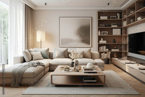 A chic beige living room with Scandinavian accents, featuring contemporary furnishings, soft lighting, and subtle pops of color.