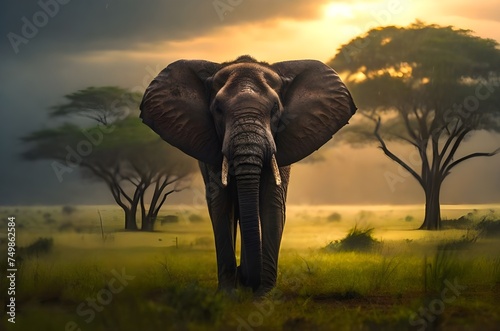 Majestic, Hugh elephant   field with greenly  and sunrise background