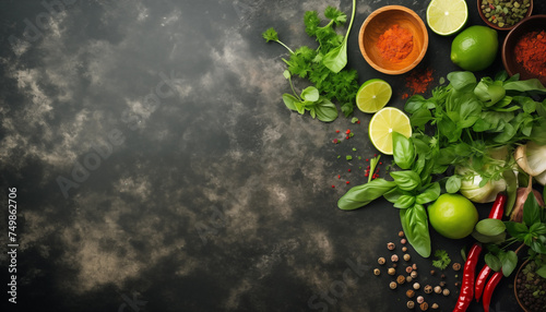 Asian cuisine with various ingredients on a rustic table.