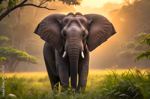 Majestic, Hugh elephant   field with greenly  and sunrise background