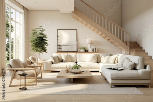 Nordic-inspired living room with beige staircase, minimalist d?(C)cor, and comfortable seating.