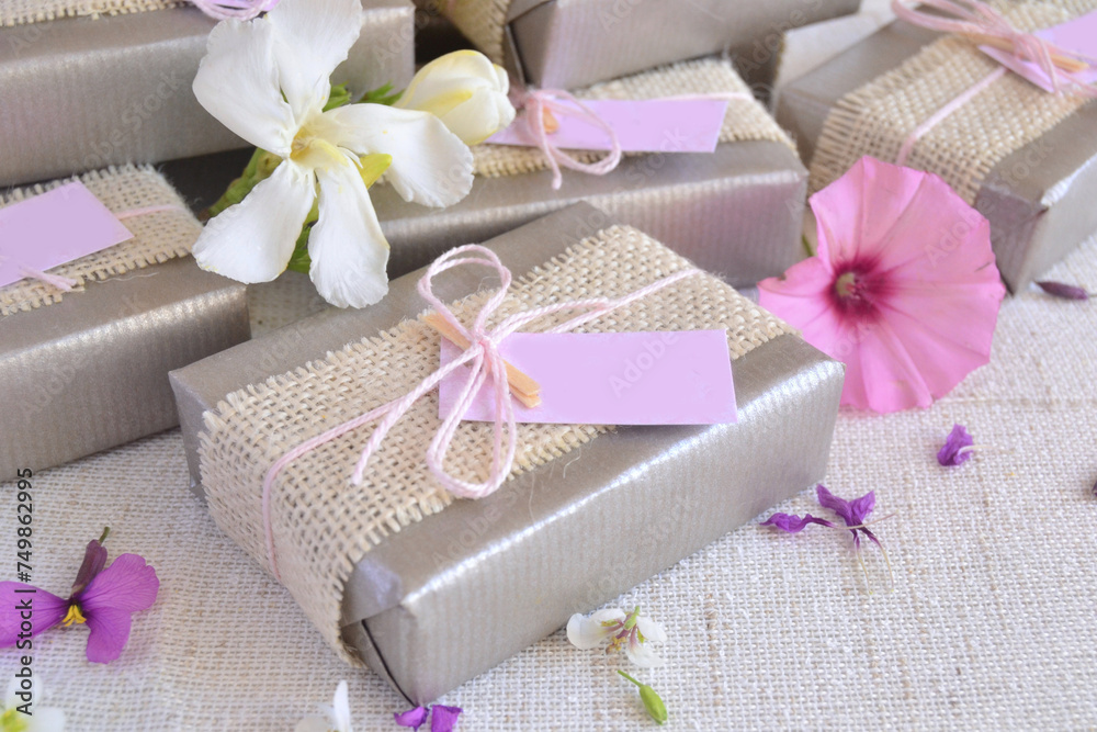 Silver wedding anniversary favors gift box with jute ribbon flowers, handmade soap guest souvenir Silver wedding anniversary favors gift box with jute ribbon flowers, handmade soap guest souvenir