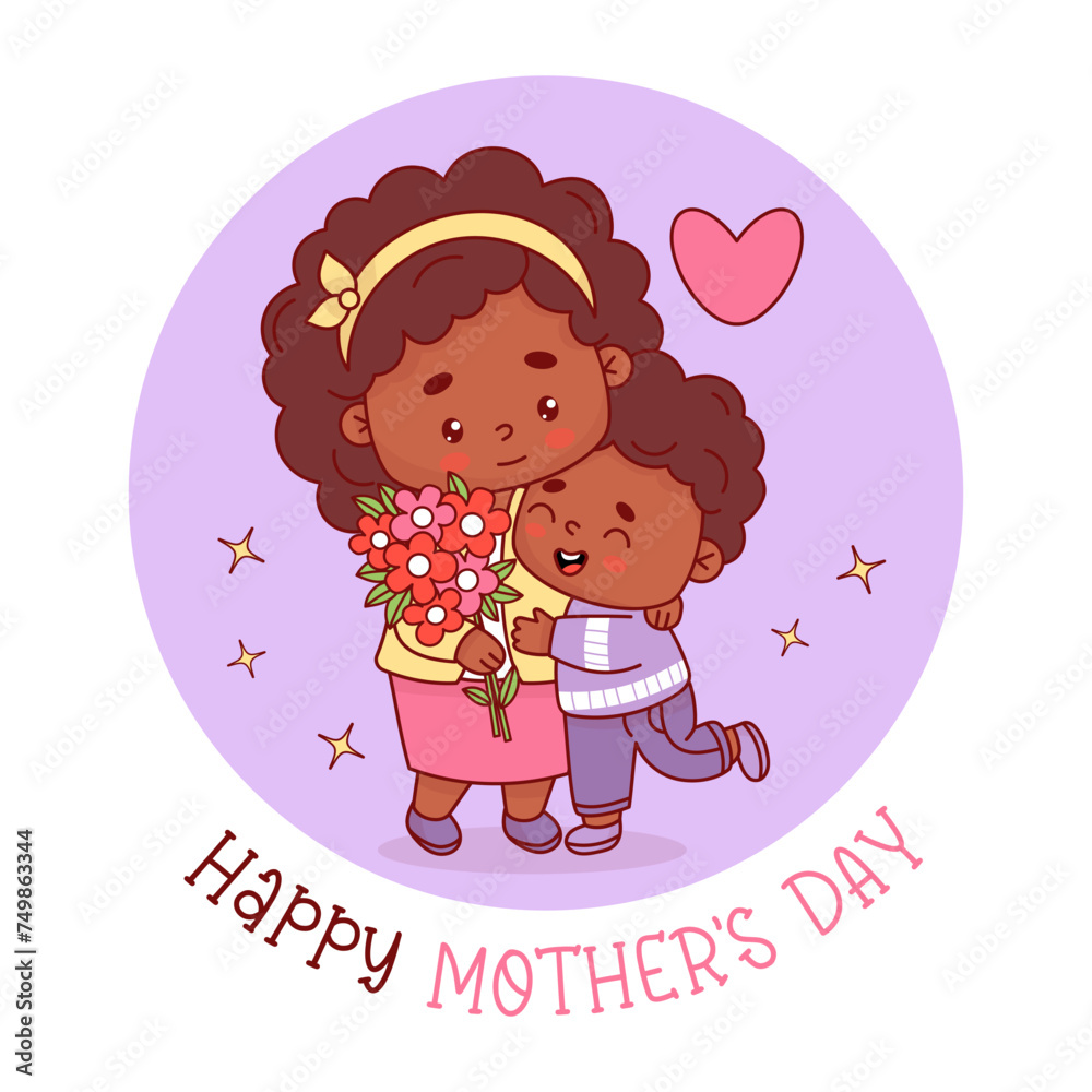 Cute black ethnic woman with boy son and bouquet flowers. Happy Mother's Day holiday card. Vector illustration flat cartoon style. Positive festive characters Cute black ethnic woman with boy son and bouquet flowers. Happy Mother's Day holiday card. Vector illustration flat cartoon style. Positive festive characters