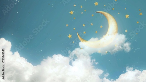 A serene night sky with a textured golden crescent moon amidst twinkling stars and fluffy clouds.