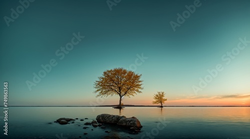 Undeniably single vivid crimson tree dropping leaves by peaceful mirrored waters at sundown 