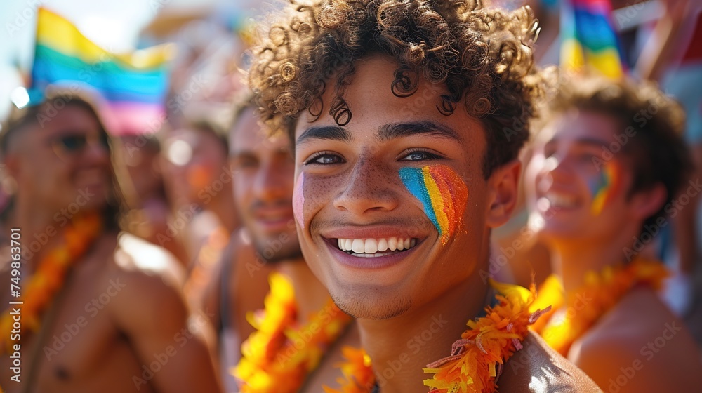 A young man celebrates gay pride day on the street A young man celebrates gay pride day on the street