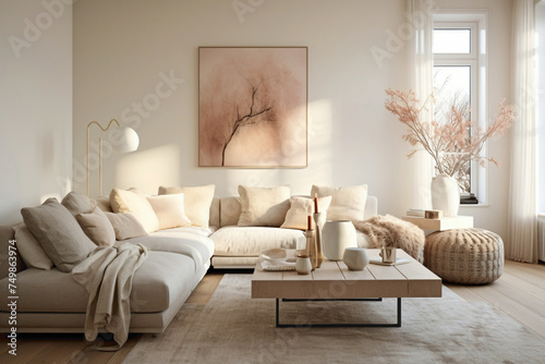 A chic beige living room with Scandinavian accents  featuring contemporary furnishings  soft lighting  and subtle pops of color.
