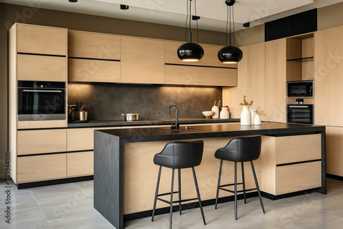 Modern kitchen with sleek, beige cabinets and countertops. Black accents like a faucet and pendant lights add a touch of drama.