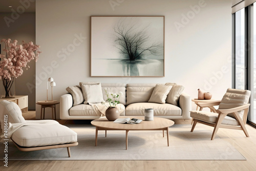 A modern Scandinavian living room adorned with neutral beige hues, sleek furniture, and a touch of understated elegance.