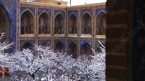 This stock video shows a beautiful mausoleum in winter Samarkand in Uzbekistan. This video will decorate your projects related to architectural monuments, mausoleums, Samarkand, Uzbekistan.