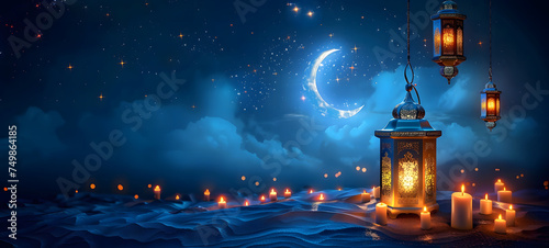 Ramadan Kareem greeting card. Muslim holy month Ramadan Kareem. Lanterns in the night background with moon. © mandu77
