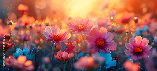 Cosmos flower in the meadow at sunset. Nature background. Happy Mother's Day, Women's Day or Birthday Banner.