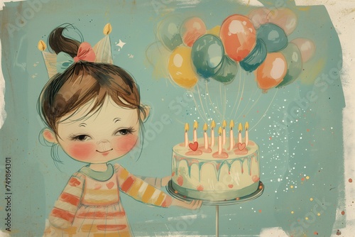 a greetings card for a happy birthday. a color drawing illustration of a cheerful little girl celebrating a personal holiday with a cake, balloons and presents. A postcard template