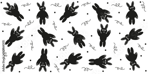 Doodle Bunny seamless pattern. Wrapping paper design in trendy Doodle Minimalist style. Black and white animal ornament. Vector illustration can used wallpaper textile print EPS 10