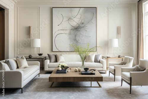 A drawing room with a neutral color palette of beige and soft gray. Mid-century modern furniture and abstract artwork lend a contemporary flair to the elegant space. © Abdullah