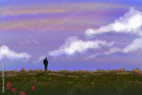 Fototapeta Naklejka Na Ścianę i Meble -  A person standing on the grass at sunset or sunrise illustration. pastel colored cloudy sky, greenery meadow and silhouette of man looking at the sky