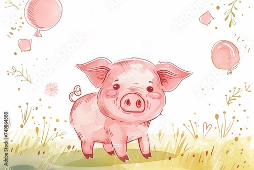 a greetings card for a happy birthday. a color drawing illustration of a cheerful pink pig celebrating a personal holiday with a cake, balloons and presents. A postcard template