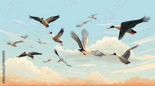 A vector illustration of a group of migrating birds.