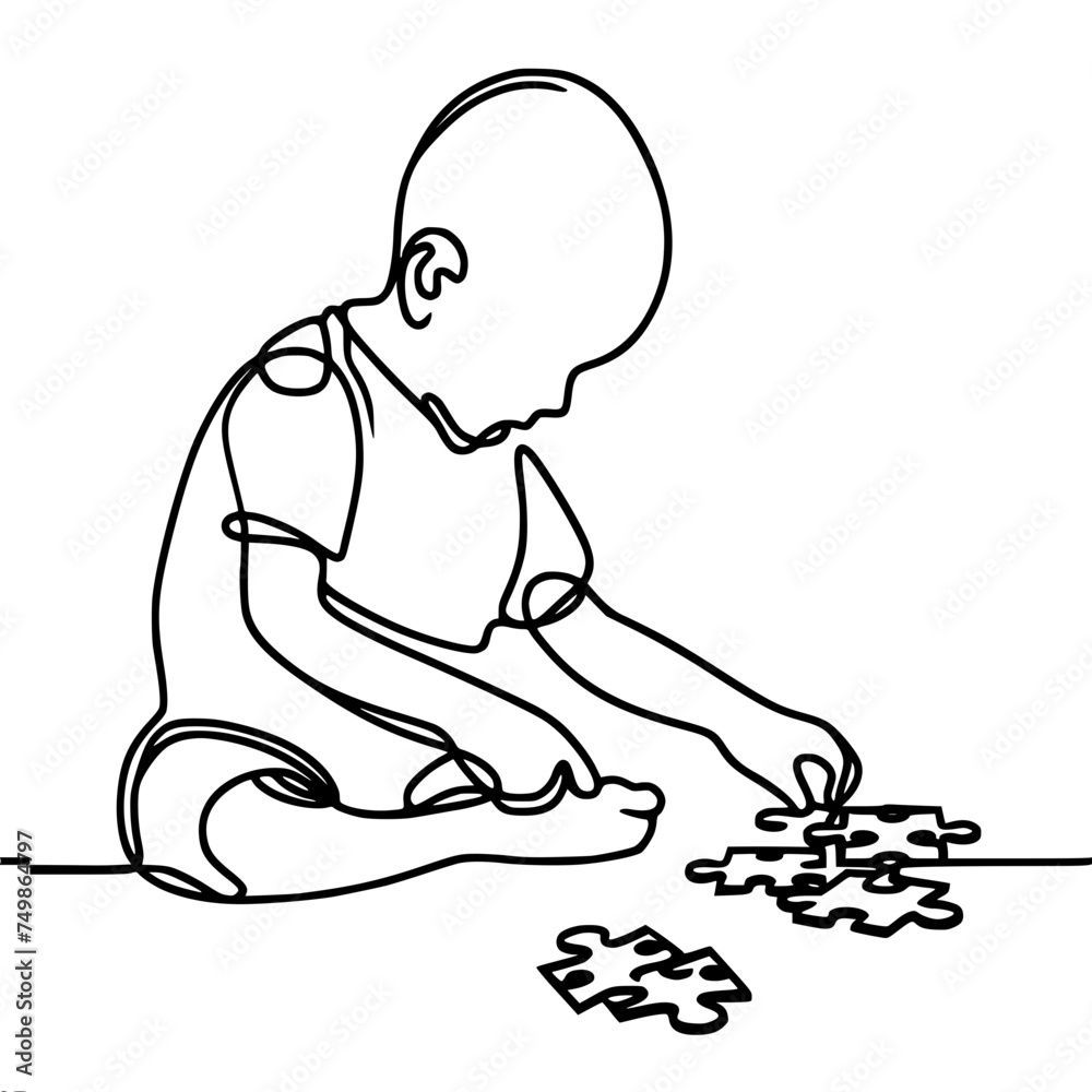 A boy sitting on the floor collects puzzles. Educational activity for a child, single line vector drawing, black line on a white background, coloring book.