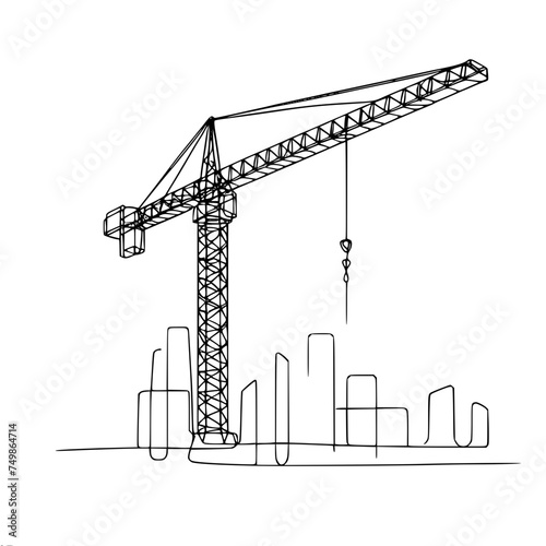 Construction tower crane on the background of a construction site, construction of a multi-storey building, single line vector drawing.