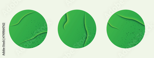 3 round green paper labels. Vector mocap of stickers. Adhesive texture. Glue stickers on white background. Realistic crumpled posters bundle.