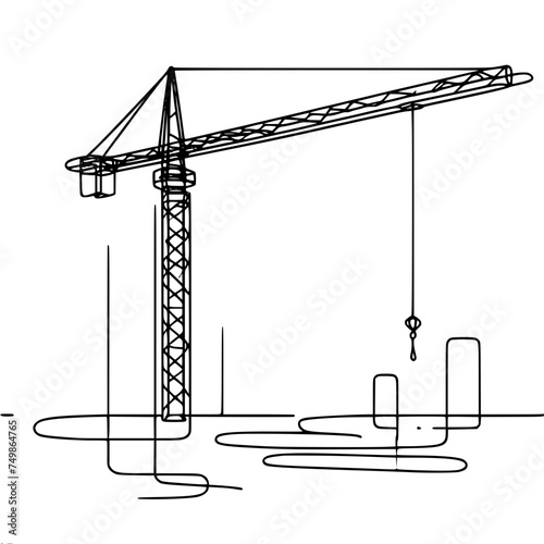 Construction tower crane on the background of a construction site, construction of a multi-storey building, single line vector drawing.