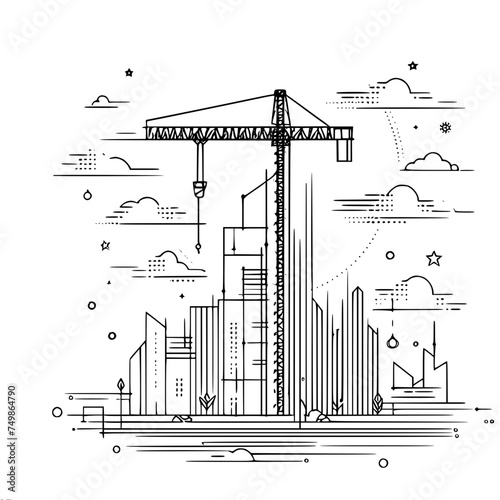 Construction tower crane on the background of a construction site, construction of a multi-storey building, single line vector drawing.