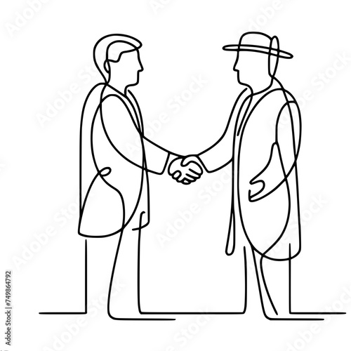 Business handshake between two, business partners, employees, single line vector image