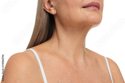 Mature woman with healthy skin on white background, closeup