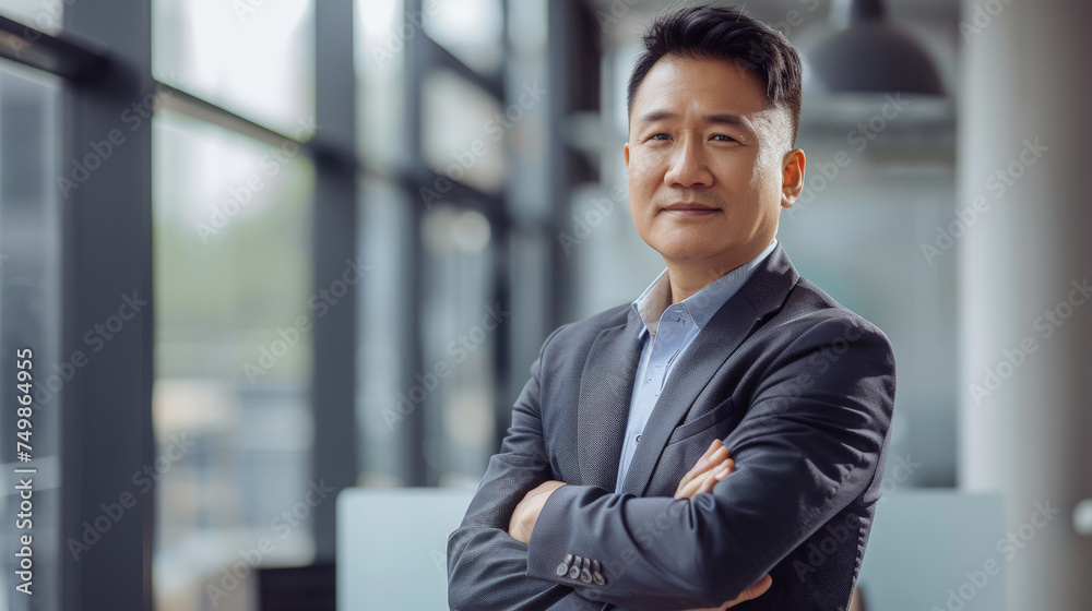 Portrait of a successful businessman with confident and friendly facial expression and his arms crossed in front of blurred office background. Generative AI Portrait of a successful businessman with confident and friendly facial expression and his arms crossed in front of blurred office background. Generative AI