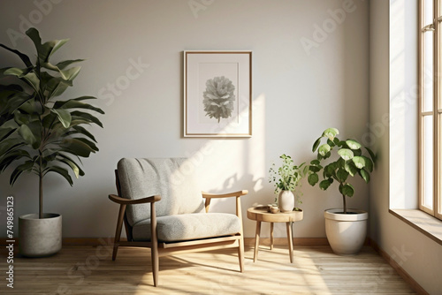 Discover tranquility in a Scandinavian-themed living room adorned with a wooden chair, a vibrant plant, and an awaiting empty frame.