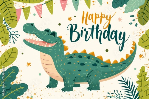 a greetings card for a happy birthday. a color drawing illustration of a cheerful crocodile celebrating a personal holiday. A postcard template