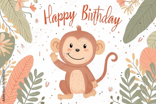 a greetings card for a happy birthday. a color drawing illustration of a cheerful monkey celebrating a personal holiday. A postcard template