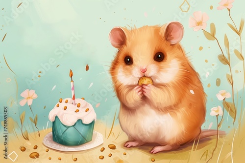 a greetings card for a happy birthday. a color drawing illustration of a cheerful hamster celebrating a personal holiday with a cake with candles, balloons and presents. A postcard template