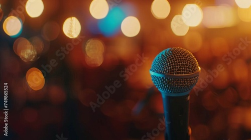 Close-up of a microphone with a bokeh effect of blurred stage lights in the background.
