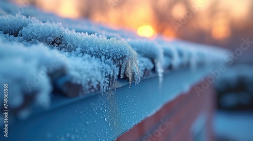 a close up of a snow covered roof with the sun setting in the distance in the distance behind the roof of a building with snow covered roof and bushes in the foreground. photo