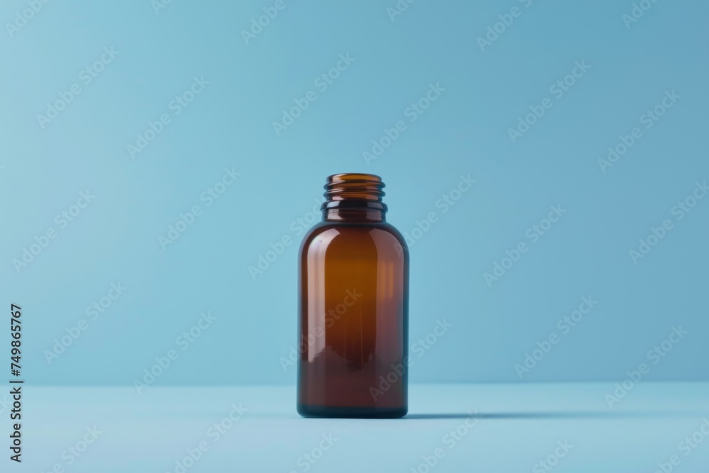 bottle of pills on a blue background. Space for text. Medical and health care concepts.