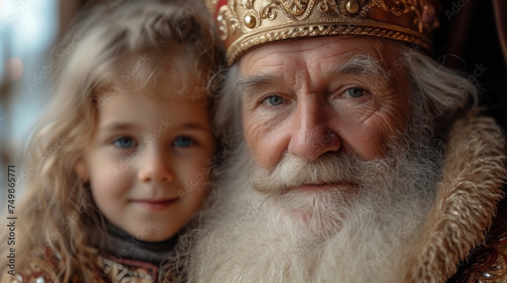 a little girl standing next to an old man with a long white beard and wearing a crown and a gold crown on top of his head and a white beard. a little girl standing next to an old man with a long white beard and wearing a crown and a gold crown on top of his head and a white beard.