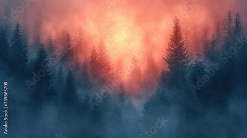  a forest filled with lots of trees on top of a foggy forest filled with lots of red and orange clouds on top of the tops of the tops of the trees.
