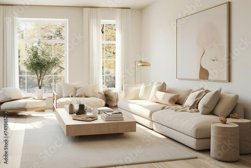 A sunlit Scandinavian-inspired living room with plush beige sofas, adorned with chic throw pillows and minimalist decor.