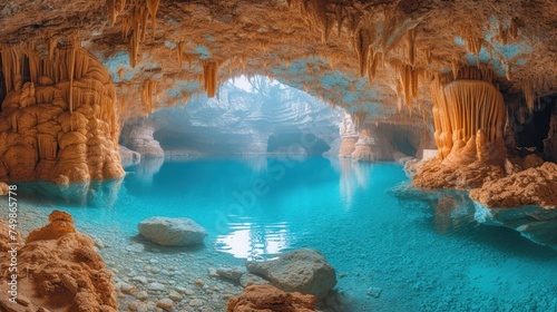  a cave filled with blue water surrounded by rocks and a cave like structure that looks like it has a cave like structure in the middle of it's walls. photo
