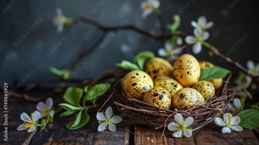 A rustic arrangement of speckled quail eggs nestled among spring blossoms on a wooden surface. A rustic arrangement of speckled quail eggs nestled among spring blossoms on a wooden surface.