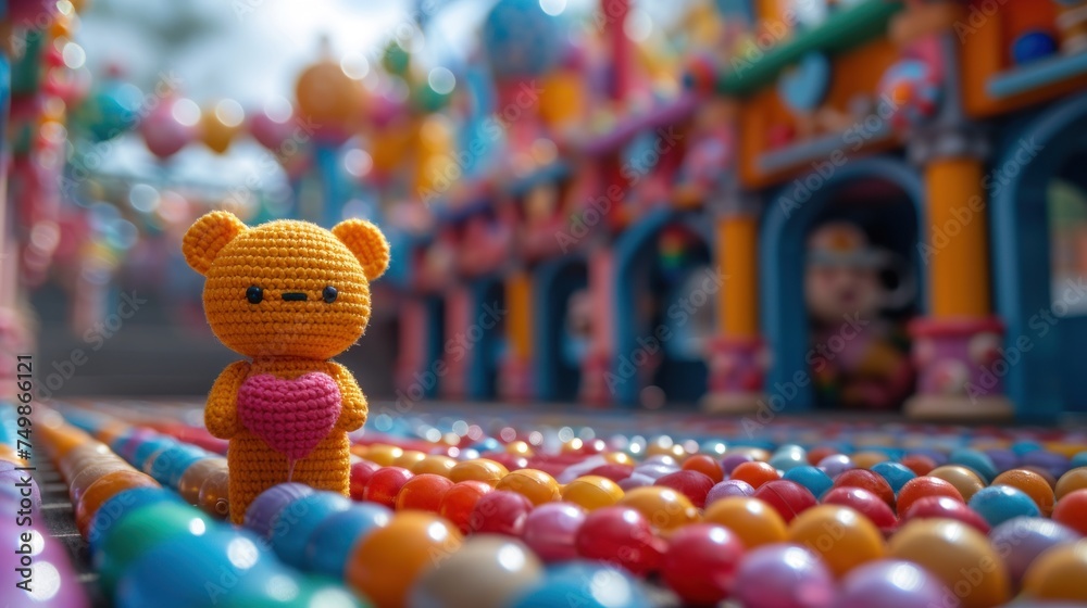  a crocheted teddy bear sitting on top of a pile of balls in front of a brightly colored building with a teddy bear in the middle of the photo.