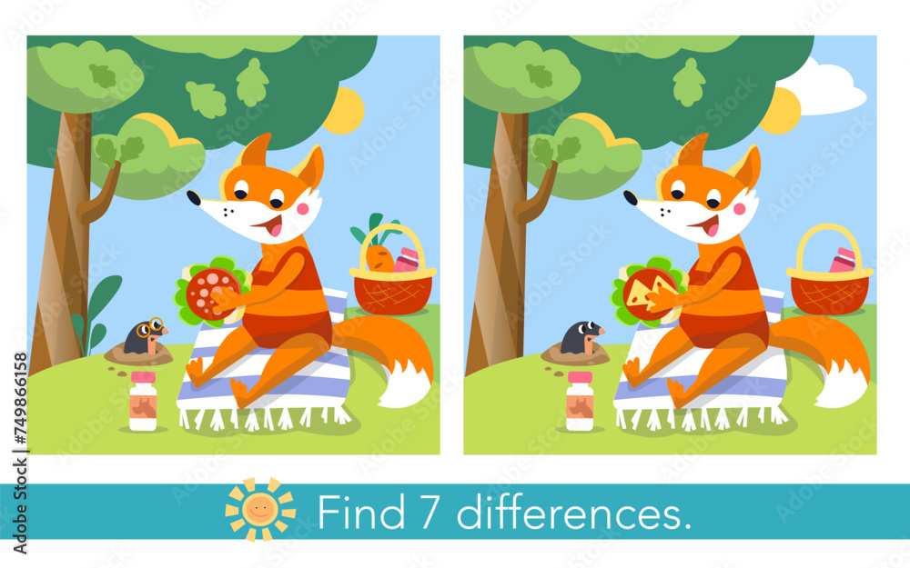 Naklejka premium Find 7 differences. Educational puzzle game for children. Cartoon fox in swimming costume on beach in summer. Vector flat illustration.