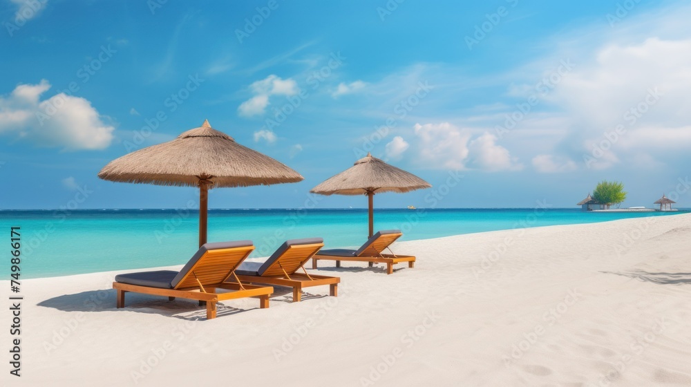 two sunbeds on the left against the backdrop of a Maldives beach and a sunny day. banner place for text 