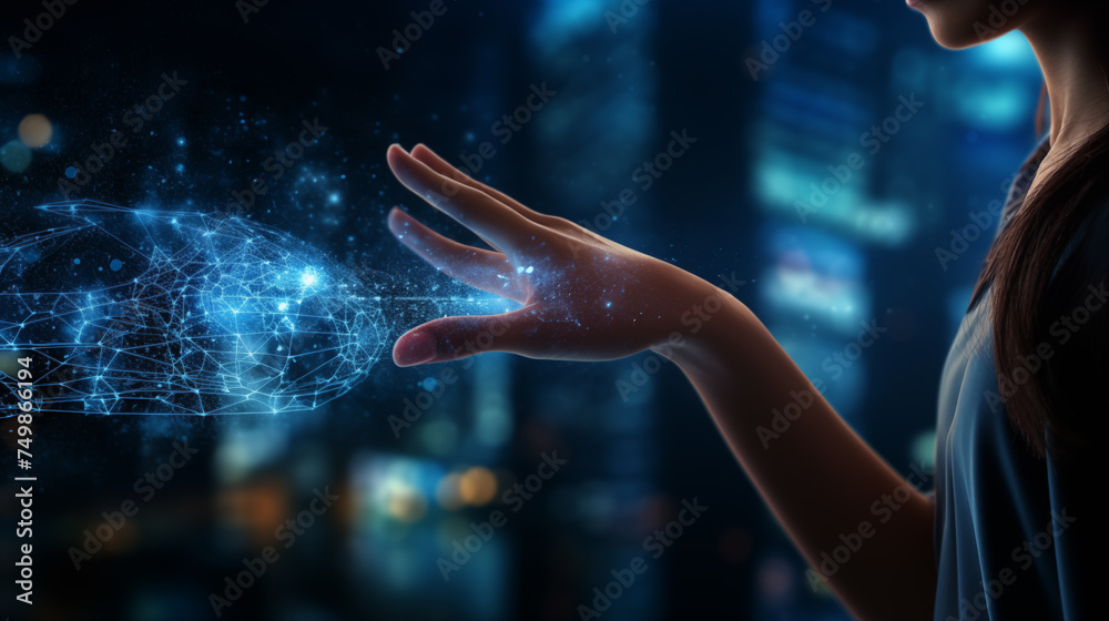 Human hand touching the futuristic technology. Human hand touching the futuristic technology.