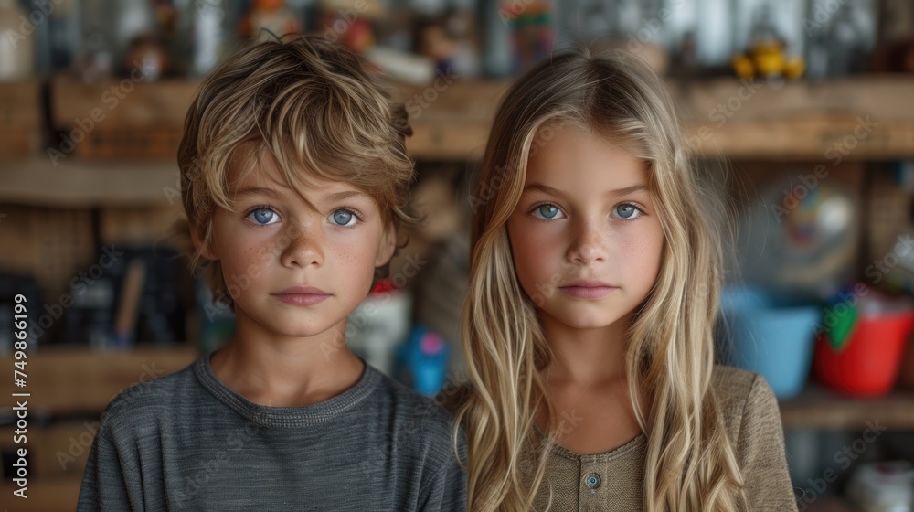 a boy and a girl standing next to each other in front of a shelf full of toys and a shelf full of other children's knick knacks. a boy and a girl standing next to each other in front of a shelf full of toys and a shelf full of other children's knick knacks.