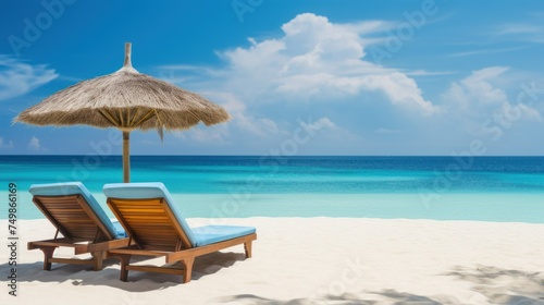 two sunbeds against the backdrop of a Maldives beach and a sunny day. banner place for text 